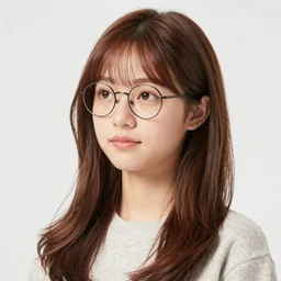 dslr photo of a fair skinned korean girl with brown long hair and cute round face wearing a round glasses and a simple modern clothing, real photo, real photography, half - body picture, looking onto the distance, brown eyes, intricate, 8 k