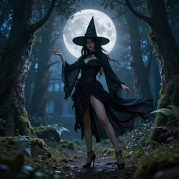 witch standing pose in an enchanted forest wearing high heels under a full moon