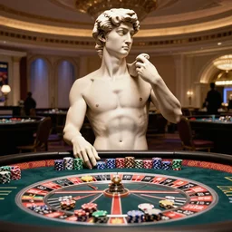 the statue david from michelangelo sitting at a roulette table with many chips in front of him playing roulette in ceasars palace in las vegas
