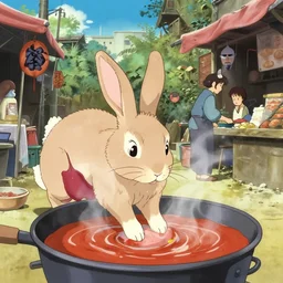 a rabbit being cooked in a street market, anime film still from the an anime directed by Katsuhiro Otomo with art direction by Salvador Dalí, wide lens