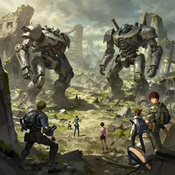 the concept illustration of wasteland, the broken remains of mechs, ruins of buildings after the battle, desolate world, moss creeping up the ruins, art gta 5 comics, by rhads, makoto shinkai and lois van baarle, ilya kuvshinov, ossdraws borderlands, victo ngai, andreas rocha, john harris, alena aenami artworks in 4