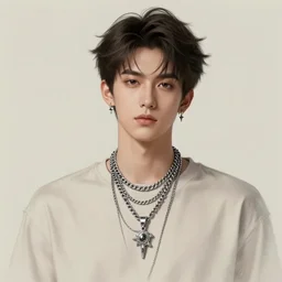 a character model design of a handsome young man wearing excessive jewelry in a subtle way