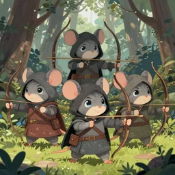 dungeons and dragons fantasy painting, mice ranger archers emerge from the forest, longbows, hooded cloaks, whimsical and cute, determined expressions, watery eyes, anime inspired by krenz cushart, brown fur, tufty whiskers, feathered arrows, bamboo forest river shore, dawn lighting, by brian froud jessica rossier and greg rutkowski