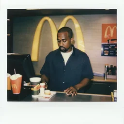 kanye west working the front counter of mcdonald's ready to take your order, eighties polaroid, flash photography, photorealistic, kodachrome