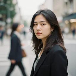 portra 800 street photography woman staring into camera but she is a bit blurry because she is moving