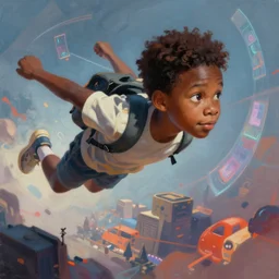 digital painting of black teenager flying through the metaverse as seen on artgerm, octane render, highly detailed, very detailed, cmyk palette, complimentary colors, holographic communication, art fantasy by craig mullins, thomas kinkade