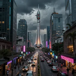 a futuristic cdmx mexico city colony, cyberpunk mexican futuristic colonial luis barragan blade runner 2 0 4 9 city architecture, spacex starship rocket launch site, environmental lighting, stormy weather, ray tracing, people walking on street, amazing view, highly detailed, heavy traffic, neon shops, octane render, unreal engine 5, 4 k