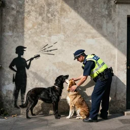 a police officer petting a dog, spraypainted on a wall in black using stencils by banksy, award - winnin