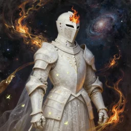 breathtaking detailed soft painting of white knight in medieval armor, gauze dress of fireflies and art nouveau sallet of embers, rembrandt style, in a nebulae galaxy with golden ribbons flying in flames, elegant, highly detailed, artstation, concept art, matte, sharp focus, art by Anato Finnstark, Artgerm and Greg Rutkowski