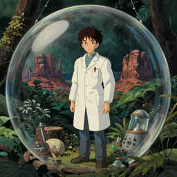 hyperrealist, studio ghibli dull colors portrait from close encounters of the third kind 1 9 7 7 of a young scientist standing in a jungle bubble monument valley stonehenge.