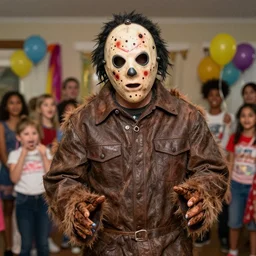 leatherface at a kids birthday party, realistic, real life