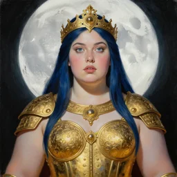 painting of plus size junoesque priestess of the moon, golden filigree armor and tiara, moon above head, dark blue straight hair, smooth translucent skin, wide striking eyes, beautiful! coherent! by brom, by brian froud, by john anster fitzgerald, strong line, high contrast, muted color, 4 k, trending on artstation