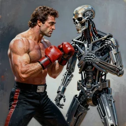 fight between rocky balboa and terminator t 1 0 0 0, painting in the style of leroy neiman