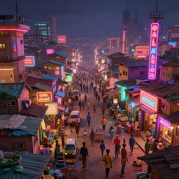 photo of a bustling neon lit ajegunle slum in nigeria, unreal engine 3 d vfx render, photo by vivian maier, digital illustration by mike winkelmann, sharp, intricate detail, volumetric light, ray tracing, soft light, colourful, claymation, wide angle, acrylic, cinestill 8 0 0 t,