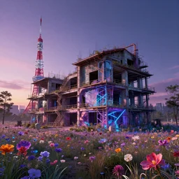 a beautiful hyperdetailed rendering of ranch - style nature urbex architecture industrial architecture unfinished building by david hockney, flowers made of glass tokyo cosmic at dawn uv light darkacademia meadow laser cyberpunk landscape san andreas fantasy extraterrestial, archdaily, wallpaper, highly detailed, trending on artstation.