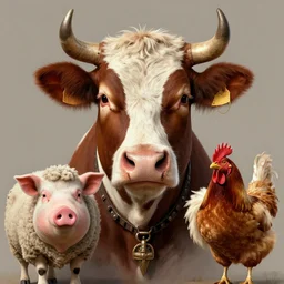 a hyper detailed full face portrait of joaquin phoenix as the king of animals, cow, pig, sheep, chicken, horror, by anna podedworna and miklos ligeti, on artstation