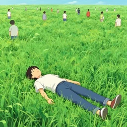 lay i lay in the long grass so many people so many people pass stay stay here and lie on back get down in the cornfields stay till we're caught at last, inspired by takashi murakami