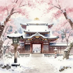 japanese 寺 in a 雪 landscape surrounded by 桜, long shot, watercolour painting, 4k, artstation