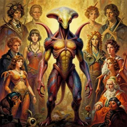 exquisite imaginative alien creature poster art, humanoid, colourful, movie art, by lucusfilm, weta studio, tom bagshaw, james jean, frank frazetta alphonso mucha, norman rockwell, giu, moebius, 8 k, denoised