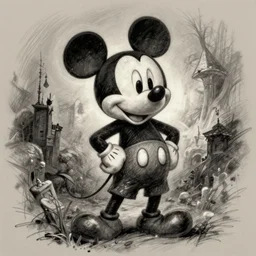 A sketchy drawing of Mickey Mouse in the style of Tim Burton