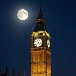 historic photograph of a giant clocktower under a full moon at night