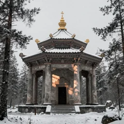 a monolithic pillar temple in a taiga. snowing, overcast sky, grainy.