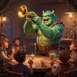 monster playing trumpet in tavern to cheering patrons, artstation, fantasy