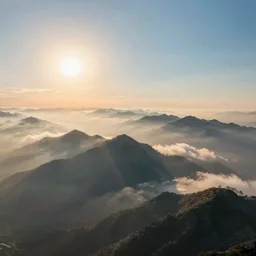 “ aerial view of mountains, peaks sticking out from the fog, sun in the sky, vector art ”