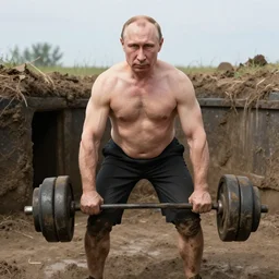potrait of putin pumping iron in mud bunker