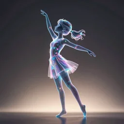 silhouette of a dancing holographic girl, futuristic, in the style of Pixar animation, very low angle view, 16mm lens, award winning, hyper detailed, dramatic lighting, artstation, octane renderer, unreal engine