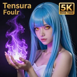 rimuru tempest from tensura holding purple fire in her palm, with amber eyes of golden colored eyes, straight hair, sky blue hair, long bangs, concept art, award winning photography, key visual, digital painting, cinematic, wlop, 8 k, by ross tran, andy warhol, tom bagshaw
