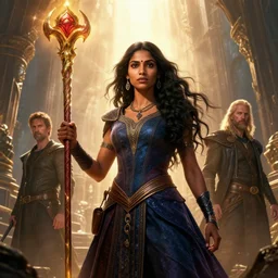 jaina proudmoore raises her magic staff, portrait shot, epic cinematic hyperrealism masterpiece. realistic poster with shaded lighting by craig mallismo, artgerm, jeremy lipkin and michael garmash, unreal engine, radiant light, detailed and complex environment, digital art, art station trends