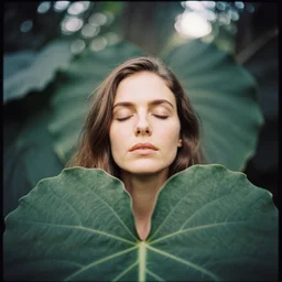 An analog head and shoulder portrait photography of a woman behind multiple big leaves by Annie Leibovitz. Long hair. closed eyes. Kodak Portra 800 film. Depth of field. whirl bokeh. Sunshine. detailed. hq. realistic. warm light. muted colors. Moody. Filmic. Dreamy. lens flare. Leica M9, f/1.2, symmetrical balance, in-frame