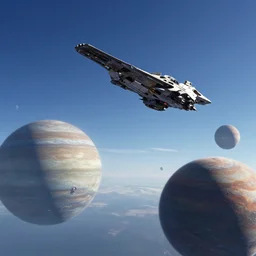 Unexplored alien world with planets on the background, cinematic lighting, cinematic angle, Syd Mead, Federico Pelat, daylight, blue sky, spaceship in the sky