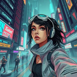 woman wearing cyberpunk clothing in a sci - fi city, high detail, crisp shading, in the style of greg rutkowski and alphonse mucha and lisa frank, selfie perspective