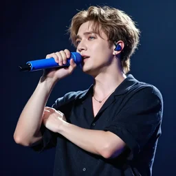 a handsome young man with sandy brown hair and blue eyes singing into a neon blue microphone headset posing on stage. dynamic!! pose. gesture drawing. concert. cinematic lighting. wide shot photorealistic. hyper realism. ray tracing hdr. intricate detailed masterpiece. by bouguereau and shigenori soejima ruan jia. lifelike.