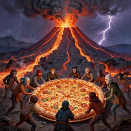 a group of strange masked people struggling and grabbing for a very large pizza!!!, in front of a volcano spewing lava and black smoke, from below, streams of glowing hot lava, flashes of lightning in the distance, wide shot, long shot, an ultrafine detailed painting by unknown artist, deviantart, pop surrealism, whimsical