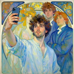 attractive man taking a selfie, cool colors, painting by gaston bussiere, craig mullins, greg rutkowski, alphonse mucha