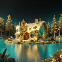 photo hyper realistic concept architecture art house solarpunk in the funny lake, in void of latent space, volumetric lighting style futuriste, gold and black turquoise ratio,, octane render excellent composition