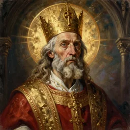 a painting of a portrait of the high pontifex of pain with a halo on his head, golden halo, a detailed painting by santiago caruso, official art by greg rutkowski, a character portrait by seb mckinnon,, gothic art, apocalypse art, antichrist, grotesque, elder, skin, gouache, sinew, artstation