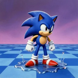 retro 1 9 8 0 s game advertisement of sonic in a surreal, faded, detailed professional, totally radical, high quality airbrush art shpongle album cover of a liquid dissolving lsd dmt sonic the hedgehog on a flat blue checkerboard plane, 1 9 8 0 s 1 9 8 2 prerendered graphics raytraced phong shaded album cover