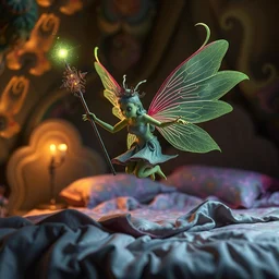 avocado fairy with a wand floating over a bed, religious art, fractals, deepdream, acid, trippy,, psychedelic, sharp focus, unreal engine, trending on artstation, photorealistic, octane, trending on deviantart