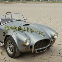 closeup of rusty shelby cobra, vine covered, desert, cracked dry lake bed, by Zdzislaw Beksinski, Norman Rockwell, highly detailed, soft lighting, film grain, 8k resolution, oil on canvas