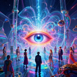 cosmic third eye over magical glass temple, infinite quantum waves, synthwave, bright neon colors, highly detailed, cinematic, panoramic, tim white, michael whelan, roger dean, bob eggleton, lisa frank, vladimir kush, kubrick, kimura, isono