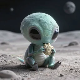 vfx movie scene closeup adorable curios tiny little alien creature in moon desert eating a rock. by emmanuel lubezki