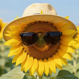 a sunflower wearing a sun hat and sunglasses. highly detailed digital painting, realistic.