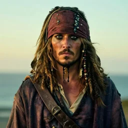 photo portrait of hooded blonde young adult pirate, hood over face, hidden face, caribbean pirate with a brown coat with a rope on shoulder, rugged and dirty, cinematic lighting at sundawn, movie color grading