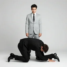 a standing man in a light grey suit carries a disheveled kneeling man in a black suit by the armpits, full shot, white background, b & w, charcoal sketch, by robert longo