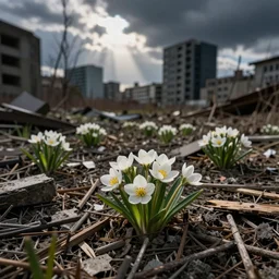 flowers spring emerge from debris, city destruction