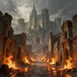 burning ancient city streets, a large gothic castle in the background by greg rutkowski lumen reflections matte painting fantasy specular lighting trending on artstation